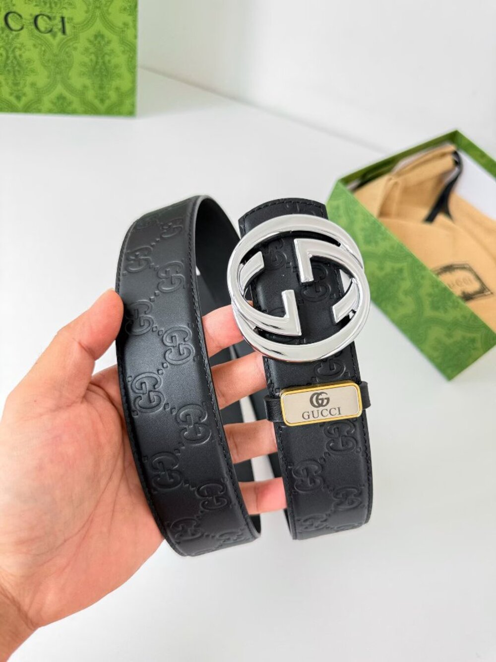 Gucci Black Embossed GG Leather Belt with Silver Double G Buckle